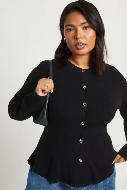 Cardigan Grande Taille à Basque en Maille Compacte avec Boutons Dorés