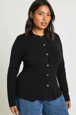 Cardigan Grande Taille à Basque en Maille Compacte avec Boutons Dorés