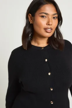 Cardigan Grande Taille à Basque en Maille Compacte avec Boutons Dorés