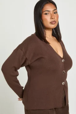 Cardigan Grande Taille en Maille Compacte avec Boutons Dorés et Ourlet Fendu