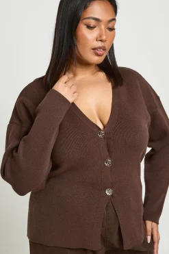 Cardigan Grande Taille en Maille Compacte avec Boutons Dorés et Ourlet Fendu