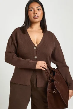 Cardigan Grande Taille en Maille Compacte avec Boutons Dorés et Ourlet Fendu