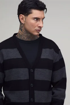 Cardigan Long Décontracté En Maille Effet Usé À Rayures
