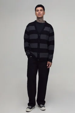 Cardigan Long Décontracté En Maille Effet Usé À Rayures
