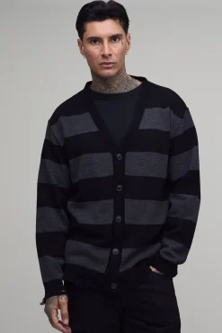 Cardigan Long Décontracté En Maille Effet Usé À Rayures