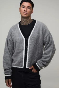 Cardigan Long En Maille Brossée Contrastante Coupe Ample Oversize Décontractée