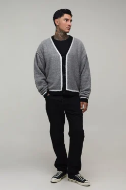 Cardigan Long En Maille Brossée Contrastante Coupe Ample Oversize Décontractée