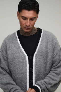 Cardigan Long En Maille Brossée Contrastante Coupe Ample Oversize Décontractée