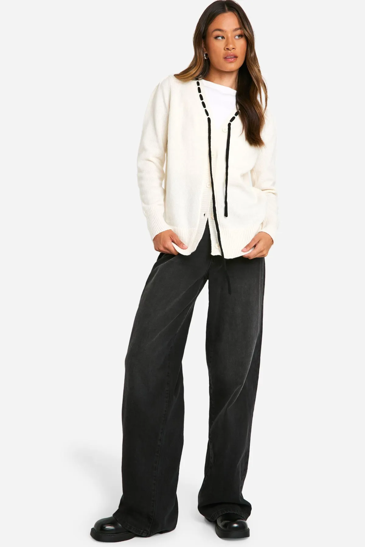 boohoo Cardigan Long En Maille Côtelée À Ruban Contrasté<Femme Pulls Et Gilets|Toutes Les Mailles