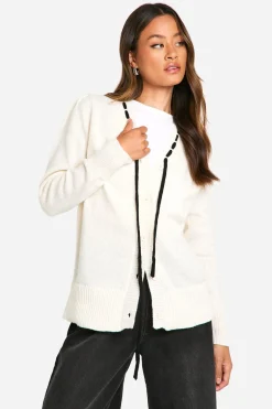 boohoo Cardigan Long En Maille Côtelée À Ruban Contrasté<Femme Pulls Et Gilets|Toutes Les Mailles