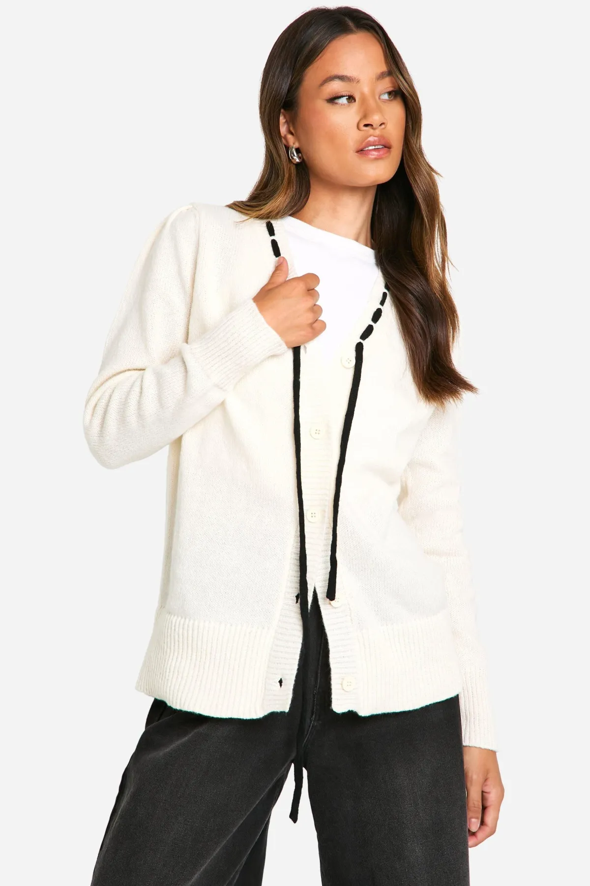 boohoo Cardigan Long En Maille Côtelée À Ruban Contrasté<Femme Pulls Et Gilets|Toutes Les Mailles