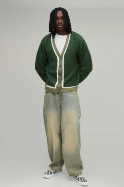 boohooMAN Cardigan Long Oversize Décontracté En Maille Brossée À Détails Contrastants<Homme Tout Afficher|Mailles Tall