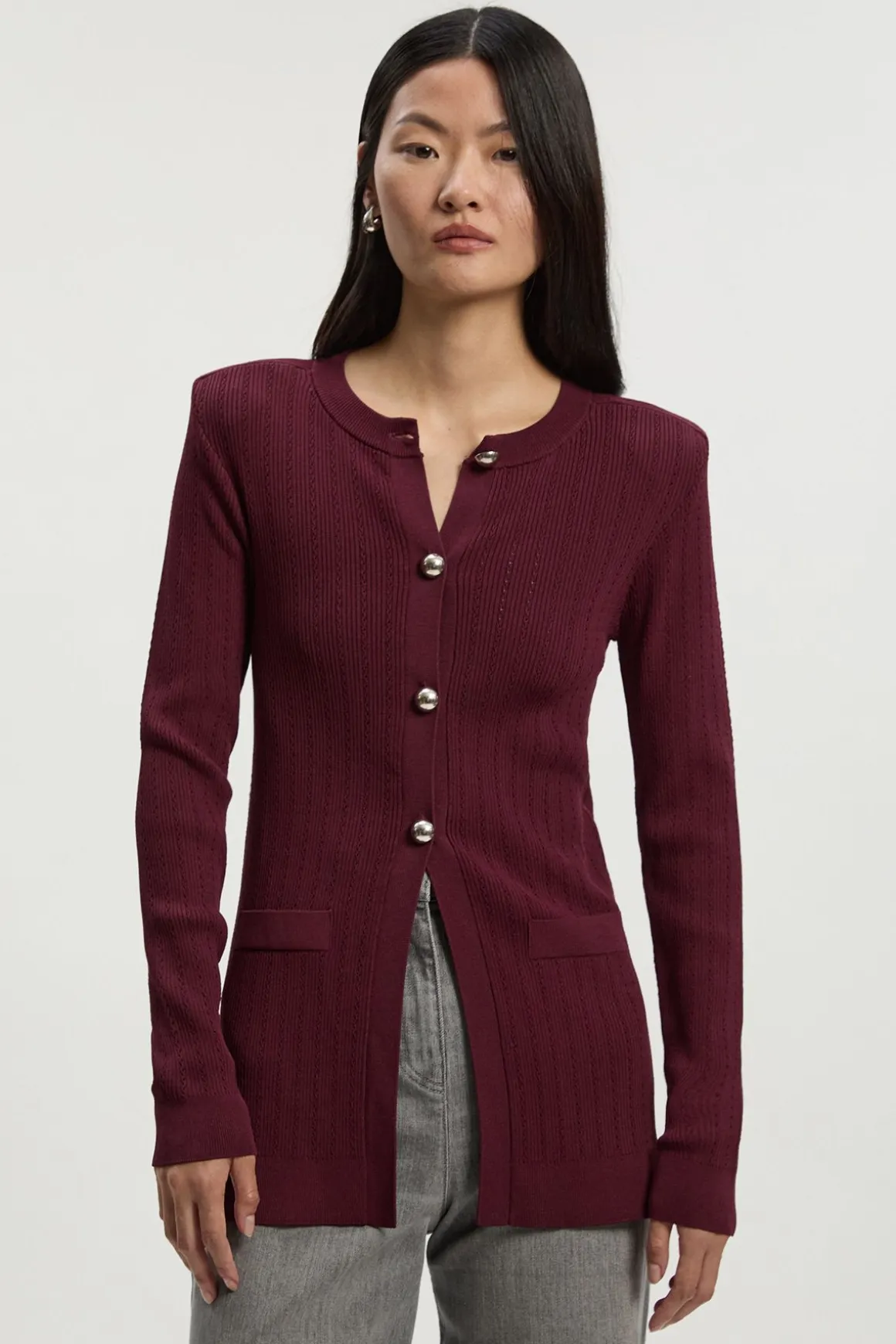 Cardigan Long Tricoté à Boutons Bombés