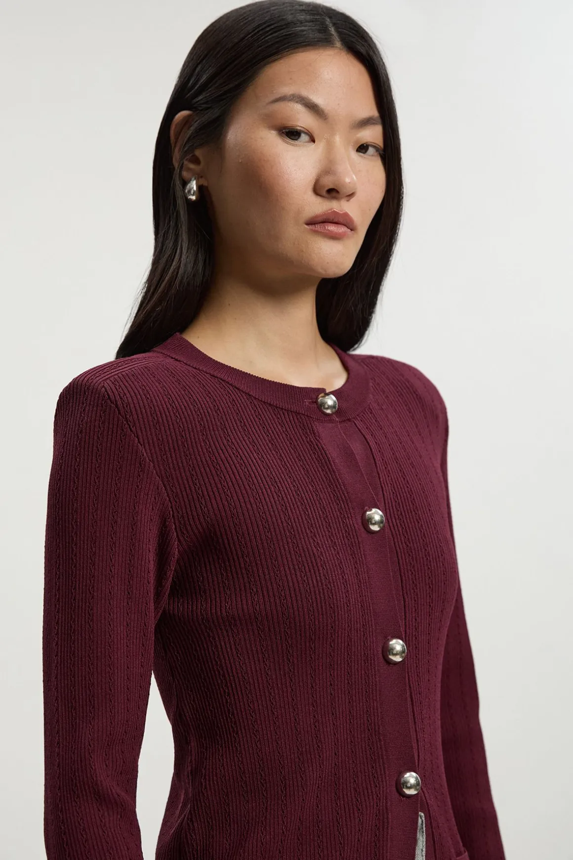 Cardigan Long Tricoté à Boutons Bombés