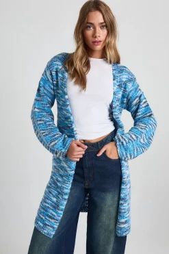 Cardigan oversize en maille épaisse bleu marbré à coupe boxy