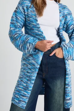 Cardigan oversize en maille épaisse bleu marbré à coupe boxy
