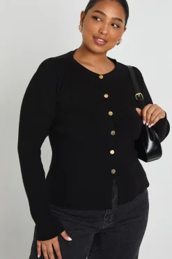 Cardigan peplum à col ras-du-cou et boutons Plus Gold
