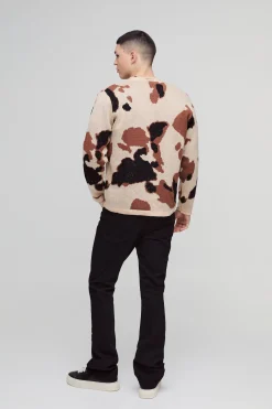 boohooMAN Cardigan tricoté brossé à imprimé vache, coupe décontractée<Homme Maille|Mailles