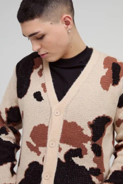 boohooMAN Cardigan tricoté brossé à imprimé vache, coupe décontractée<Homme Maille|Mailles