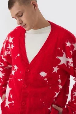 Cardigan tricoté brossé oversize à coupe carrée et motif étoilé