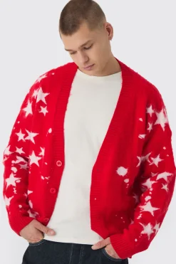 Cardigan tricoté brossé oversize à coupe carrée et motif étoilé
