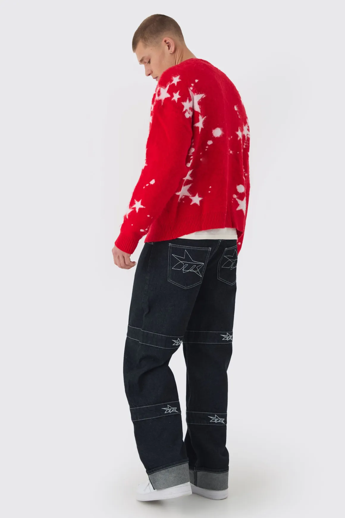 Cardigan tricoté brossé oversize à coupe carrée et motif étoilé
