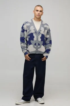 Cardigan tricoté camouflage côtelé, surdimensionné et à coupe carrée