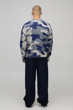 Cardigan tricoté camouflage côtelé, surdimensionné et à coupe carrée