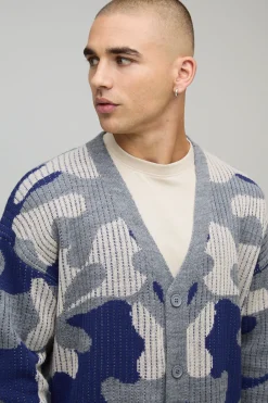 Cardigan tricoté camouflage côtelé, surdimensionné et à coupe carrée