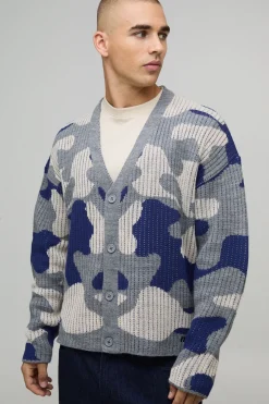 Cardigan tricoté camouflage côtelé, surdimensionné et à coupe carrée