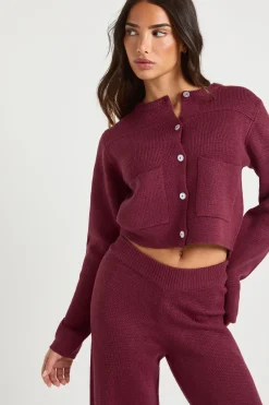 Cardigan Tricoté À Col Rond Avec Détail De Poche Et Pantalon Large Petite Taille