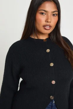 Cardigan Tricoté Col Rond à Boutons Dorés Grande Taille