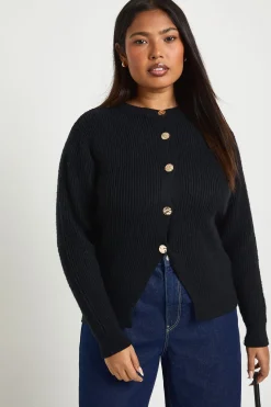 Cardigan Tricoté Col Rond à Boutons Dorés Grande Taille