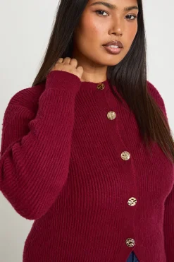 Cardigan Tricoté Col Rond à Boutons Dorés Grande Taille