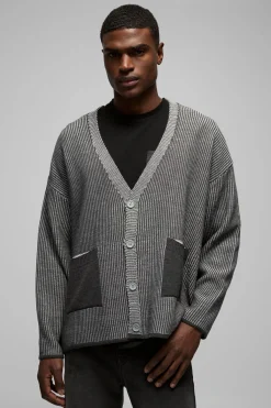 boohooMAN Cardigan tricoté contrasté oversize à épaules tombantes, coupe boxy et côtelé<Homme Maille|Mailles