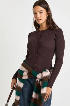 Cardigan tricoté côtelé à col montant et boutonné