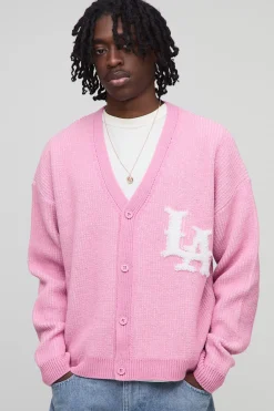 Cardigan tricoté à côtes style varsity boxy