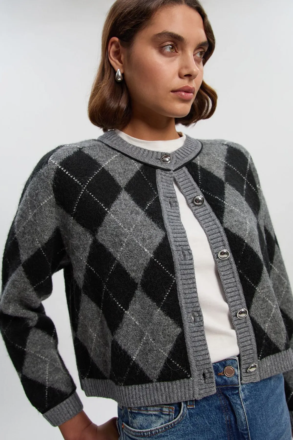 KarenMillen Cardigan Tricoté Mélange Alpaga Motif Argyle<Femme Pulls Et Gilets|Toutes Les Mailles