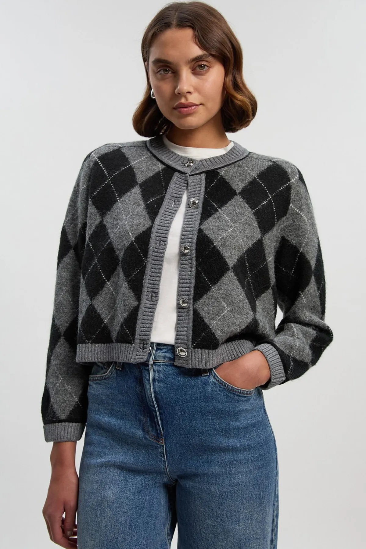 KarenMillen Cardigan Tricoté Mélange Alpaga Motif Argyle<Femme Pulls Et Gilets|Toutes Les Mailles