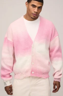 Cardigan Tricoté Ombré Délavé à Coupe Ample et Décontractée