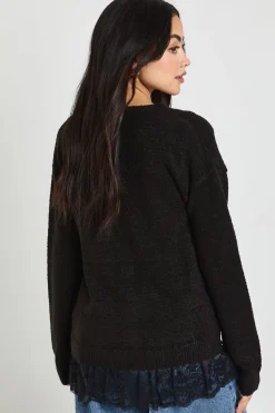 Cardigan Tricoté à Ourlet Bordé de Dentelle