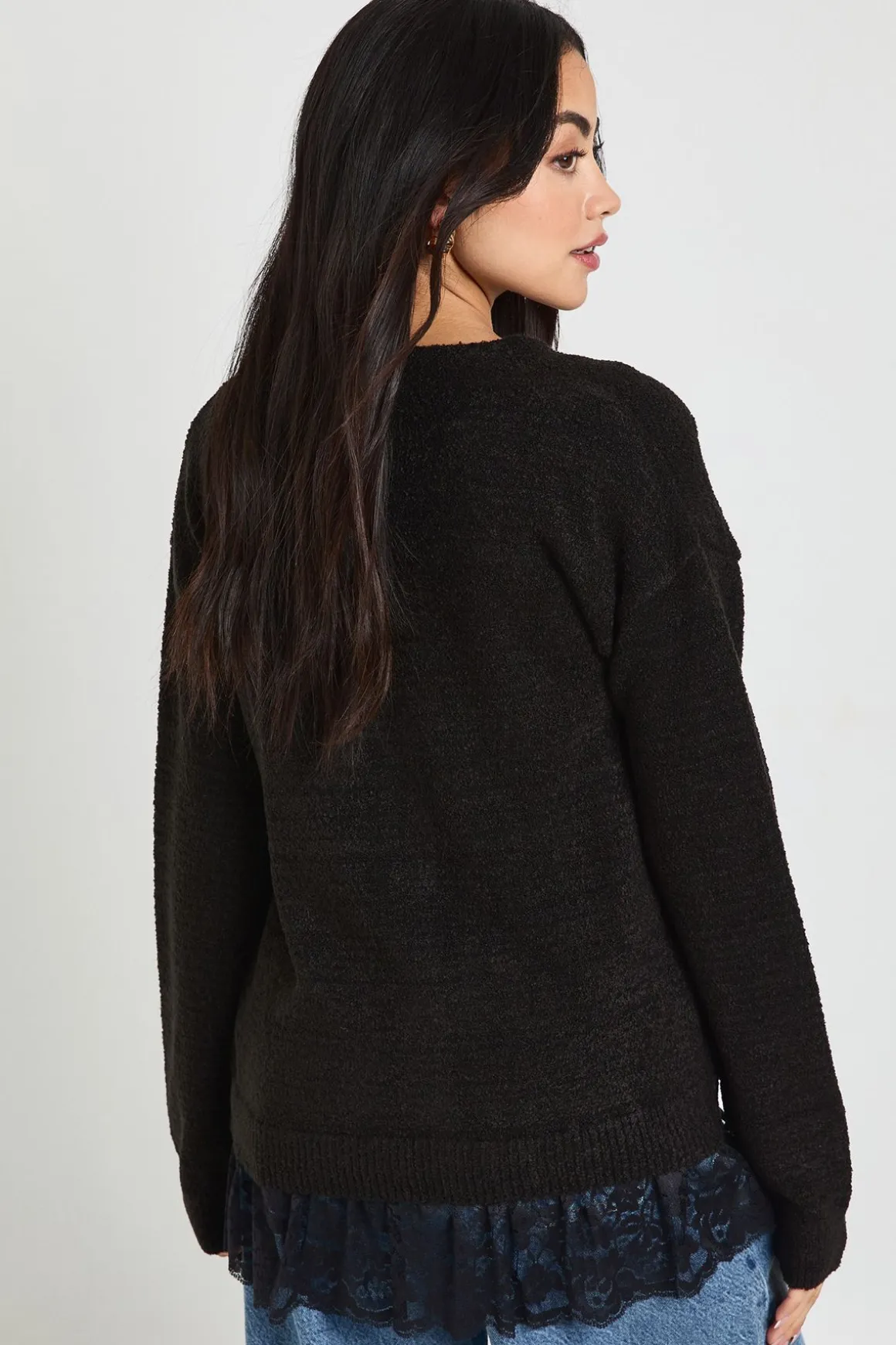 Cardigan Tricoté à Ourlet Bordé de Dentelle