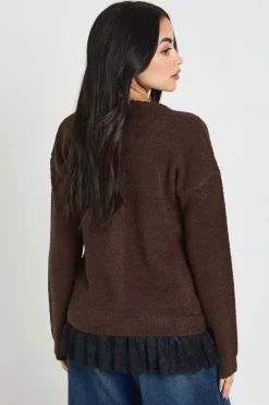 Cardigan Tricoté à Ourlet Bordé de Dentelle