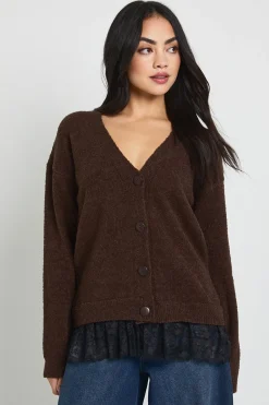 Cardigan Tricoté à Ourlet Bordé de Dentelle
