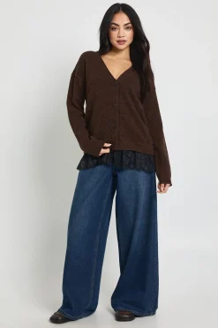 Cardigan Tricoté à Ourlet Bordé de Dentelle
