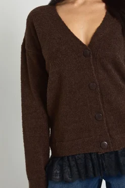 Cardigan Tricoté à Ourlet Bordé de Dentelle