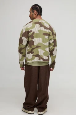boohooMAN Cardigan tricoté oversize au style boxy, côtelé et camouflage<Homme Maille|Mailles