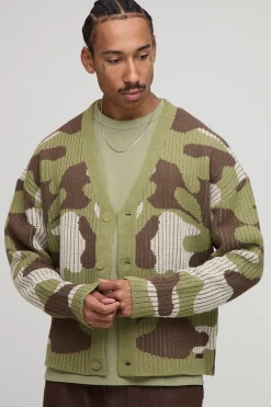 boohooMAN Cardigan tricoté oversize au style boxy, côtelé et camouflage<Homme Maille|Mailles