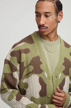 boohooMAN Cardigan tricoté oversize au style boxy, côtelé et camouflage<Homme Maille|Mailles