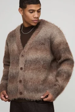 Cardigan tricoté pour homme à coupe boxy, ombré, rayures brossées
